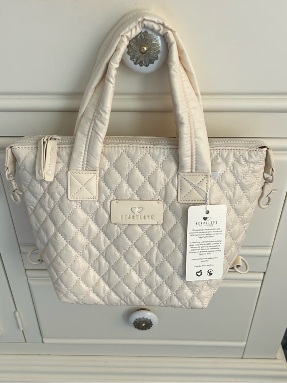 NWT Heartlove Quilted Off White Mini Tote w/ Burgundy Interior & Crossbody Strap